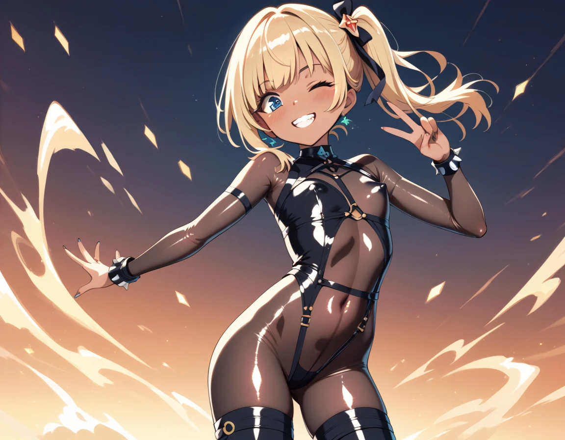 NSFW,(masterpiece, Best Quality:1.2), (((masterpiece))), (((best quality))), ((ultra-detailed)), (illustration),(Alone),skinny,(Slim legs:1.2), skinny hip, skinny thighs,flat chest,blue eye,side ponytail,,Blonde,Black Ribbon,(tan),,(Shiny skin:2),blush,wink,wide eyes,Grit your teeth,(translucent latex bodystocking:2),tights,(bouncing breasts),Stylish pose,peace sign,yellow bodystocking,