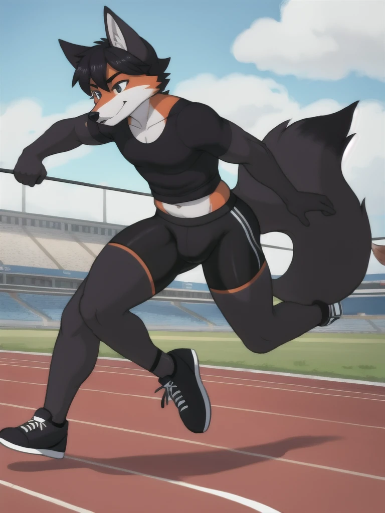 Furry, fox, male, black shirt, black spandex bike shorts, shoes, running track, solo, full body