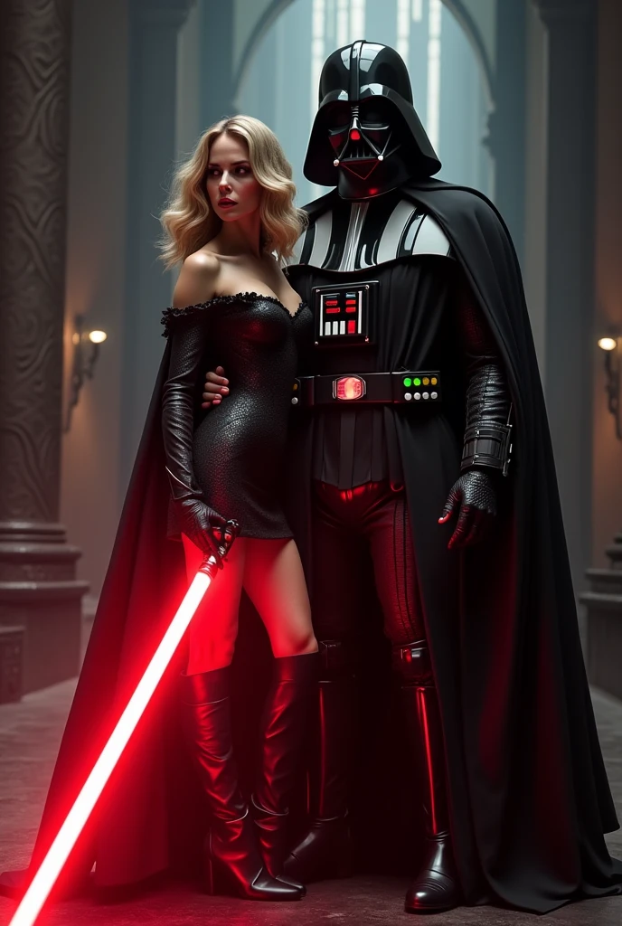 Full body artwork of two people. Beautiful and seductive blonde haired Sith with a tight black outfit and a red lightsaber. She is cutting a Jedi knight in half. A sinister smirk crosses her glossy black lips.