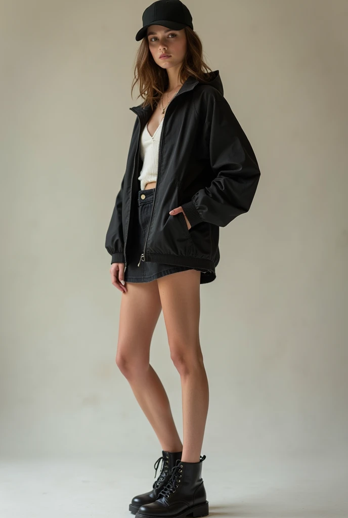 A portrait of a Burnette woman standing hand in pockets, wearing lingerie with long black socks