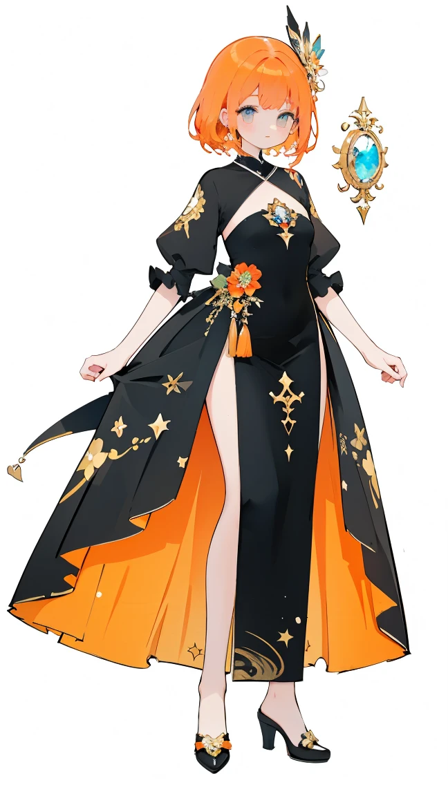 Masterpiece, top quality,
Full body, full shot, frontal view of woman,
Orange hair, T pose, idol face, magical girl, black dress, 
White background,
