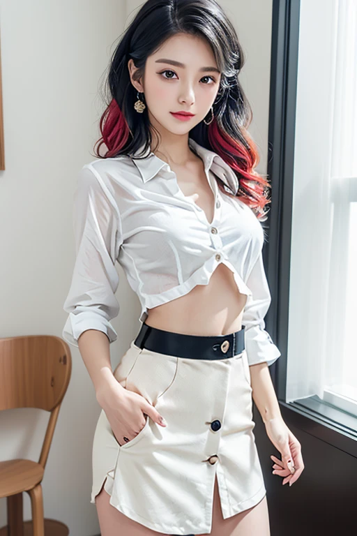 Top quality, RAW Photo, Highest Quality Image, 16K, Full body, Age 22, Realistic, Photorealistic,  Beautiful Asian woman, Sexy, body, White pale skin, ((( Multicolor Hair ))), ((( Short and wavy hairstyle ))), Modern hairstyles, Detailed face, Detailed body, Detailed skin, Double eyelids, Very Big eyes, long eyelashes, bright eyes, green eyes, natural lips, detailed lips, ((( Very Small breasts, Flat Breasts ))), posing in bedroom studio, sunny day light,  ((( wearing White Shirt and black skirt ))),  ((( All Buttons are Unbuttoned ))), no bra, ((( piercings ))), ((( piercing bellybutton with jewelry )))