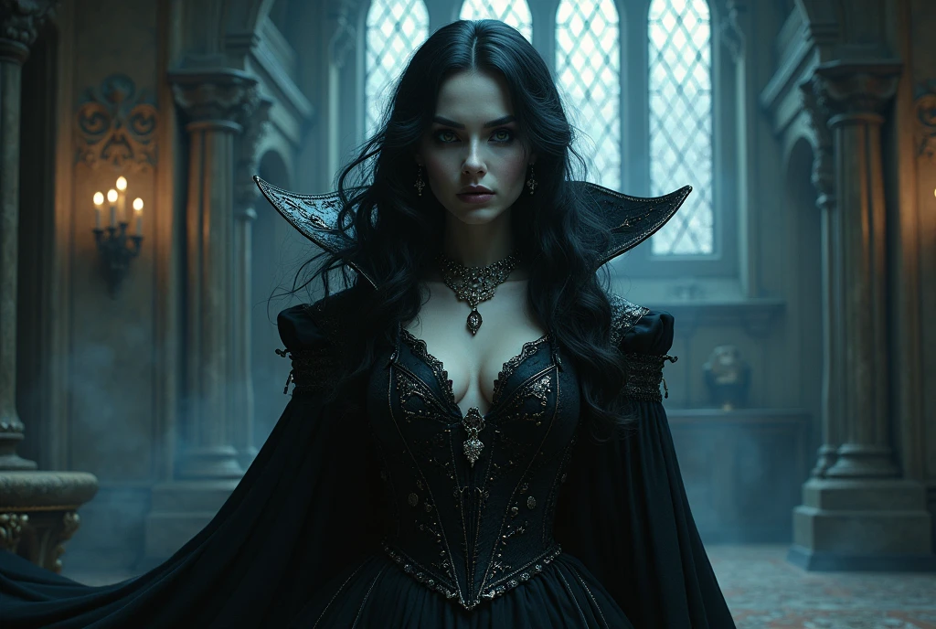 Create a , aparentemente . she's pale, her eyes are gray and her hair is black and wavy. She wears a black, antique dress, wears a small silver crow-shaped necklace, and has a dark aura. THE SETTING IS HOGWARTS. 