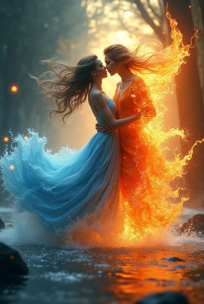 All four elements—Earth, Water, Fire, and Air—come together in a mesmerizing dance. The ground shifts and rises, water spirals and flows, flames twist and turn, and the wind swirls through it all. The elements interact in perfect harmony, each enhancing the other. The colors blend seamlessly, creating a dynamic scene filled with movement and energy, where the forces of nature perform a synchronized, otherworldly ballet.