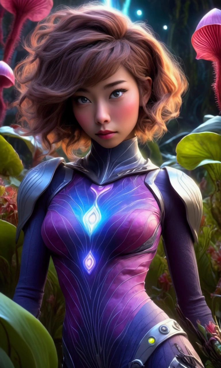 cute yuna, 1girl, detailed eyes, detailed lips, extremely detailed face, long eyelashes, sexy space adventurer outfit, lots of blinking lights, sword with chainsaw blade, dangerous alien forest, night, reaching rocket ship, cinematic lighting, 8k, high quality, photorealistic, intricate details, vibrant colors, dramatic shadows, cinematic composition, science fiction, concept art style, damsel peril, carnivorous plants grabbing at her, damsel in distress, show her from head to toe, show her entire body
