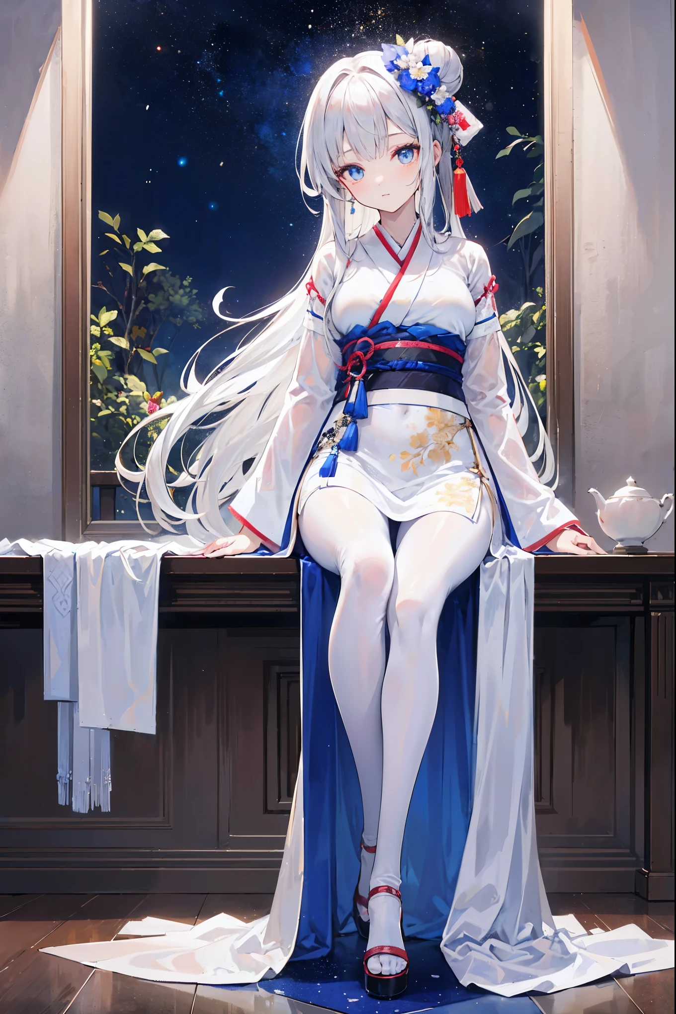 Anime girl, long messy white hair that is tied up, accessories in hair, beautiful blue eyes, blank expression, wearing a white qipao with some pale blue designs, bare legs, fair skin, beautiful chinese room background with a flower pot, 8k, high resolution, good anatomy