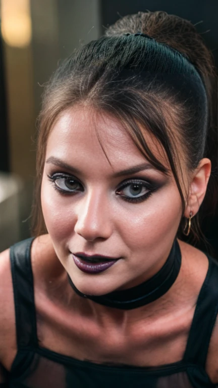 1girl, 3, wearing black lipstick, selfie pose,close up view, (from above:1.0),busty huge breast, hour glass figure, with black lipstick, apocalyptic sandy city with a small screen backdrop behind