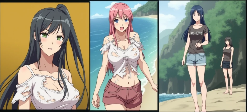 Five adult college girls with big breasts, one redhead girl with pigtails, another with long pink hair, another with long green hair, another with long yellow hair, and finally a girl with short white hair, the background being a living room.