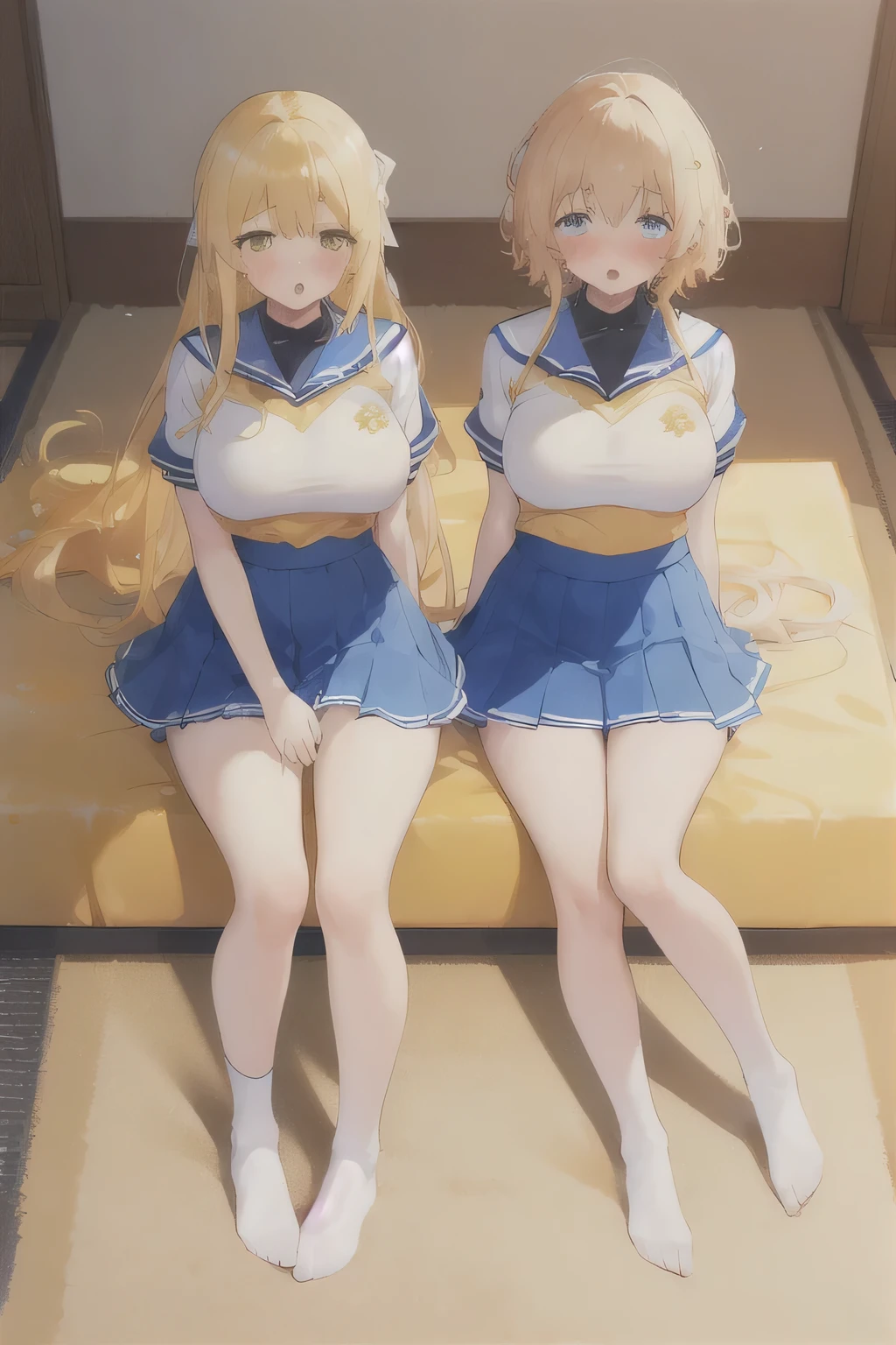 2D Anime Style、Blue eyes、breasts are slightly larger、A cool adult woman with short blonde hair and a tired look has sex with a cool blonde man...,spread legswide,In the bedroom,Almost naked,