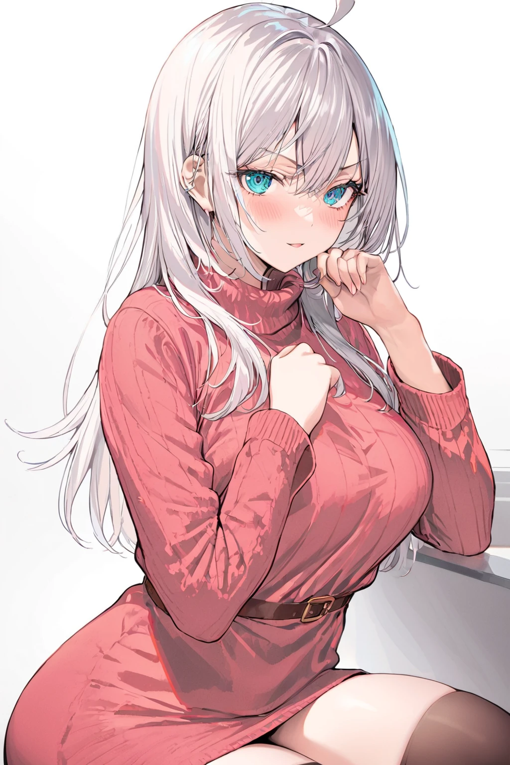 Red sweater, mature body, A beautiful woman,white hair,maturity,attractive,perfect figure,(solo:1.2),(highest quality,extremely clear,masterpiece:1.2),
