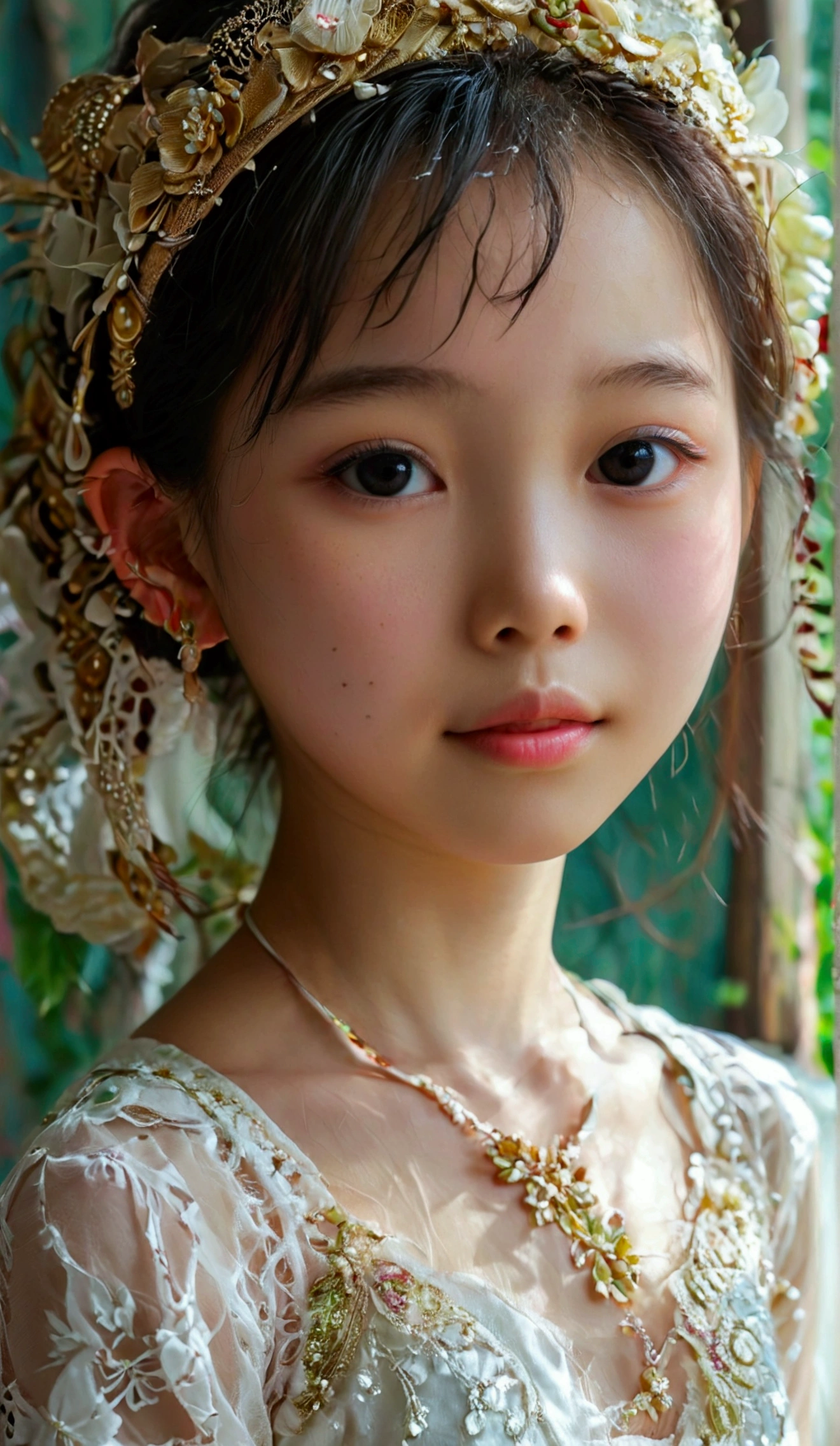 8k, masterpiece, cute, very pretty, The Prettiest Indonesian-Chinese ((preteen)) girl, pale skin, 1girl, Age 9, Solo, ((preteen)), innocent face,juvenile physique, charm of adolescents, beautiful body, calm eyes, realistic, High Resolution, Looking at viewer, Blushing, adorable, show off her cuteness, Masterpiece, Anatomically Correct, flawless, Best Quality, Embarrassed, Shy, White camisole dress, Her clothes are transparent and her skin is visible, show off her cuteness