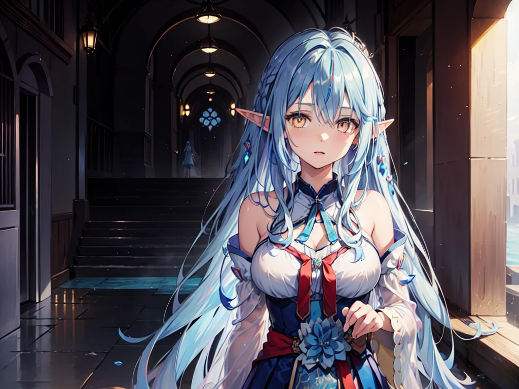 Anime Girl, Fantasy illustrations, Flowing hair，Dress，Transparent clothing， Beautiful young elf, Dark blue hair，happy，和水玩得happy，Taking a shower，Beautiful fantasy anime, Shiny and flowing hair, Ethereal Anime, Beautiful anime artwork, Beautiful digital artwork, Anime Fantasy Artwork, ((Beautiful fantasy queen))，Yukihana Lamy