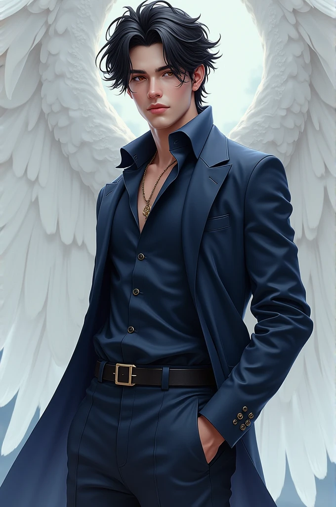 Free Fire Male Gamer Character, dark brown, dark brown eyes, black hair, high, closed, blue clothes , angelic pants , Beautiful and attractive