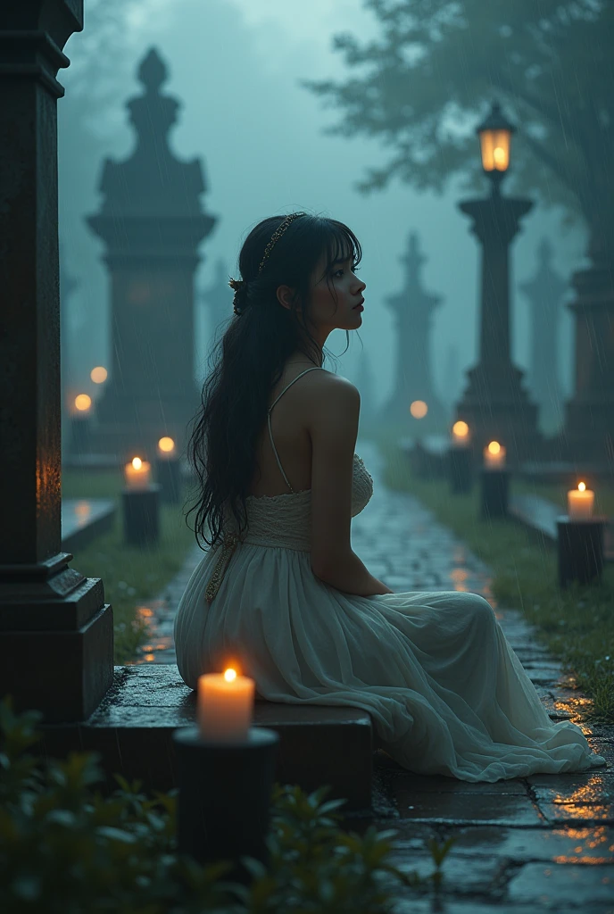 A mesmerizing vintage-inspired portrait of a gothic nude girl, sitting delicately on a grave, her small natural breasts gently illuminated by a soft silhouette. The atmosphere is shrouded in overcast, heavy ominous storm clouds, with a creepy mist, fog, and haze lingering in the air after the rain. In the distance, a raven perches on a dead tree, while a ghostly spectre apparition hovers near a grand ominous manor house on a hill. The scene is set at night, casting dramatic lighting on the dead grass and creating a hauntingly beautiful ambiance. The image is a masterpiece of eerie tranquility, capturing the mysterious allure of the supernatural world.