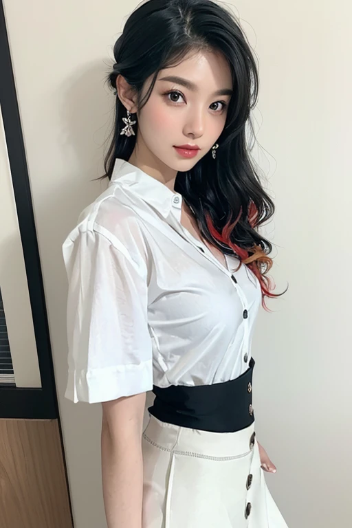 Top quality, RAW Photo, Highest Quality Image, 16K, Full body, Age 22, Realistic, Photorealistic,  Beautiful Asian woman, Sexy, body, White pale skin, ((( Multicolor Hair ))), ((( Short and wavy hairstyle ))), Modern hairstyles, Detailed face, Detailed body, Detailed skin, Double eyelids, Very Big eyes, long eyelashes, bright eyes, green eyes, natural lips, detailed lips, ((( Very Small breasts, Flat Breasts ))), posing in bedroom studio, sunny day light,  ((( wearing White Shirt and black skirt ))),  ((( All Buttons are Unbuttoned ))), no bra, ((( piercings ))), ((( piercing bellybutton with jewelry )))