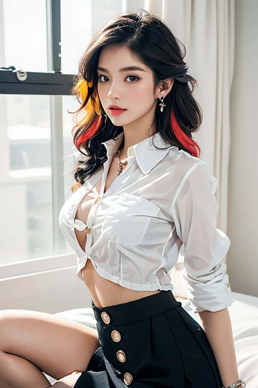 Top quality, RAW Photo, Highest Quality Image, 16K, Full body, Age 22, Realistic, Photorealistic,  Beautiful Asian woman, Sexy, body, White pale skin, ((( Multicolor Hair ))), ((( Short and wavy hairstyle ))), Modern hairstyles, Detailed face, Detailed body, Detailed skin, Double eyelids, Very Big eyes, long eyelashes, bright eyes, green eyes, natural lips, detailed lips, ((( Very Small breasts, Flat Breasts ))), posing in bedroom studio, sunny day light,  ((( wearing White Shirt and black skirt ))),  ((( All Buttons are Unbuttoned ))), no bra, ((( piercings ))), ((( piercing bellybutton with jewelry )))