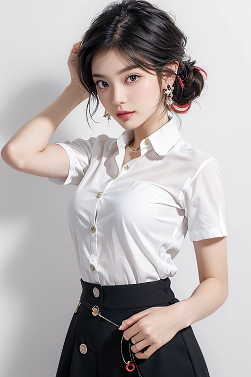 Top quality, RAW Photo, Highest Quality Image, 16K, Full body, Age 22, Realistic, Photorealistic,  Beautiful Asian woman, Sexy, body, White pale skin, ((( Multicolor Hair ))), ((( Short and wavy hairstyle ))), Modern hairstyles, Detailed face, Detailed body, Detailed skin, Double eyelids, Very Big eyes, long eyelashes, bright eyes, green eyes, natural lips, detailed lips, ((( Very Small breasts, Flat Breasts ))), posing in bedroom studio, sunny day light,  ((( wearing White Shirt and black skirt ))),  ((( All Buttons are Unbuttoned ))), no bra, ((( piercings ))), ((( piercing bellybutton with jewelry )))