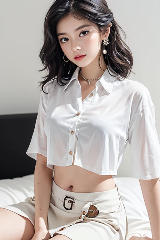 Top quality, RAW Photo, Highest Quality Image, 16K, Full body, Age 22, Realistic, Photorealistic,  Beautiful Asian woman, Sexy, body, White pale skin, ((( Multicolor Hair ))), ((( Short and wavy hairstyle ))), Modern hairstyles, Detailed face, Detailed body, Detailed skin, Double eyelids, Very Big eyes, long eyelashes, bright eyes, green eyes, natural lips, detailed lips, ((( Very Small breasts, Flat Breasts ))), posing in bedroom studio, sunny day light,  ((( wearing White Shirt and black skirt ))),  ((( All Buttons are Unbuttoned ))), no bra, ((( piercings ))), ((( piercing bellybutton with jewelry )))