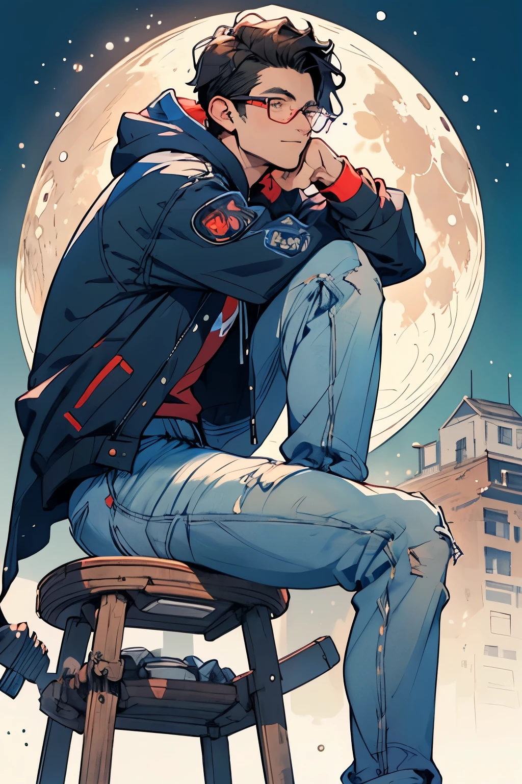 City background, male, tired, metroidvania, scary, short hair, tired, bloody, without a pyscothic smile, blood between teeth. 8k, beautiful image. bloody knife in hand. full body knife in hand.