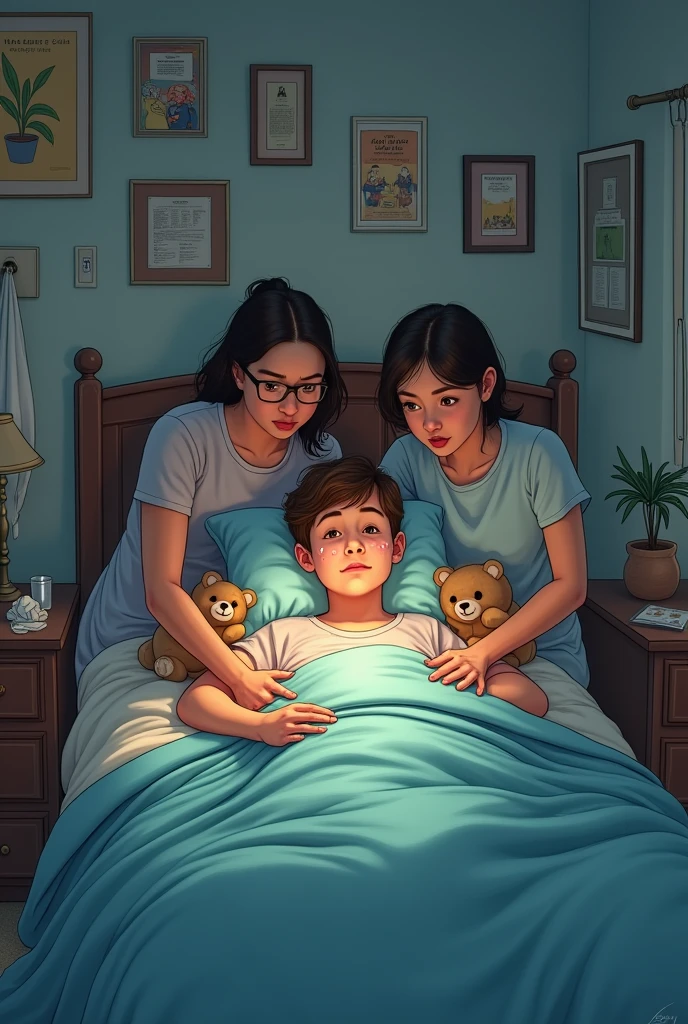 A lady doctor is looking at patient her  and holding a report card A patient is looking at a child sitting on a bed A kid is looking at a guy and a guy is looking at that kid. Here is girl kid in varsity hall and the whole picture is a dark dark picture and the kid is highlighted here.  