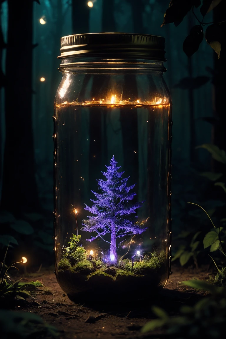 a dimly lit enchanting forest at night, mason jar glowing with ethereal fireflies, mesmerizing otherworldly atmosphere, highly detailed, 8k, dramatic lighting, fantasy, magical, mystical, bokeh, lush foliage, dramatic shadows, cinematic composition, warm color tones