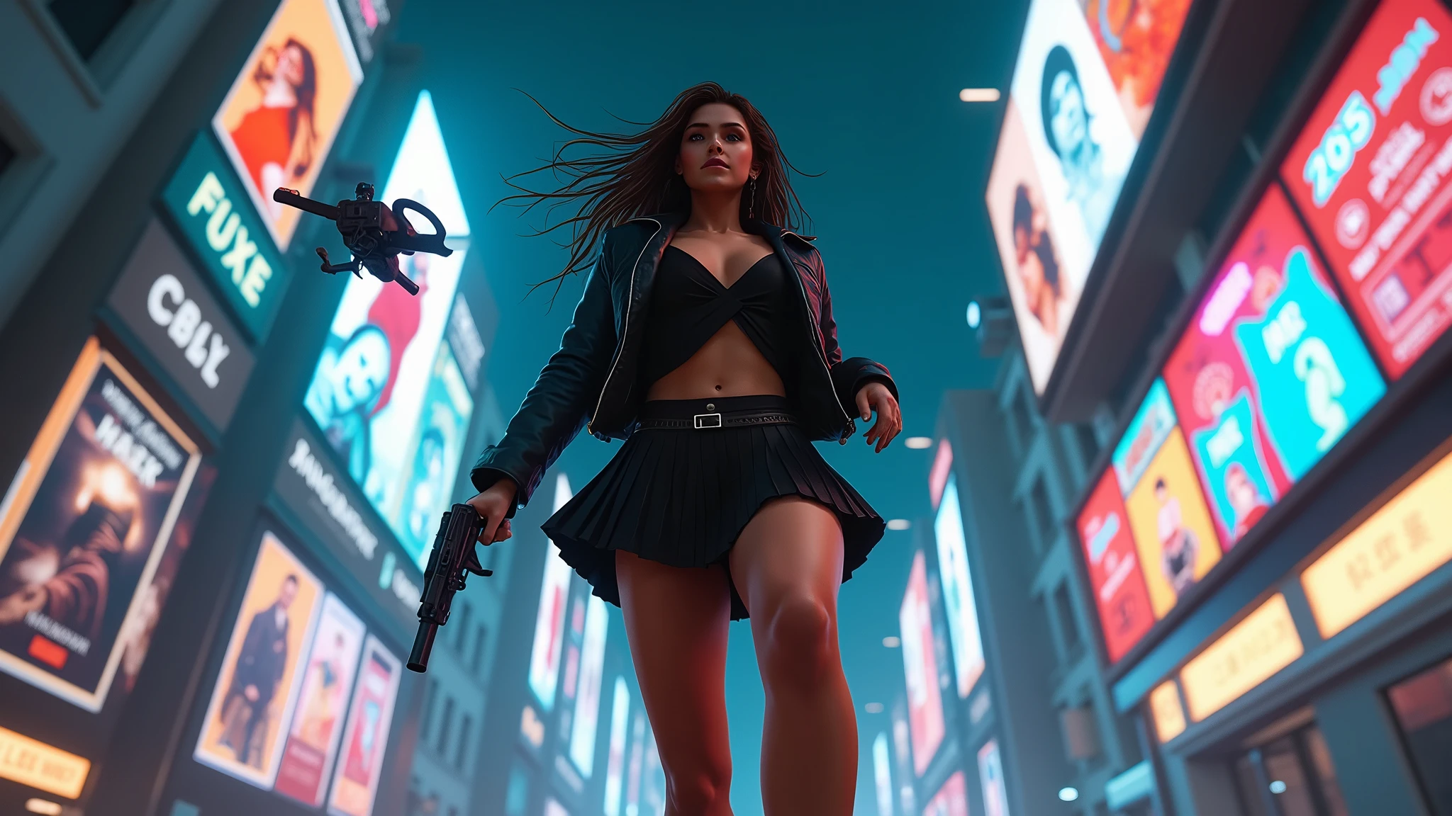 cyberpunk-style city with a nocturnal vibe with Blade Runner-like aesthetic references, glowing huge clock tower as time machine. At night, (1girl, solo, alone), photorealistic, medium-breast slim:0.6 body, oval:0.5 face, cleavage:1.1, sexy black laced bra, miniskirt, white laced panty, coat, (black micro sunglasses), (holding a short gun), (slightly leaning forward running pose), ((half-body thigh level medium shot)), cinematic lighting, ray tracing, motion blurred background.