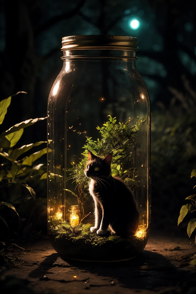 Gloomy enchanted forest at night, cat in mason jar glowing with fantastic fireflies, enchanting otherworldly atmosphere, high definition, 8K, dramatic lighting, fantasy, magical, mystical bokeh, lush foliage, dramatic shadows, cinematic composition, warm tones