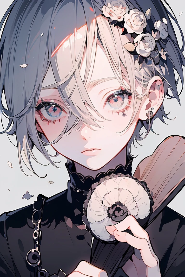 (Mastepiece), (Best Quality), Very detailed, 1 boy, Solo Shooting, Perfect Face, Beautiful Face, Very detailedな顔,(Gray Hair:1.3),(short hair:1.4)、(Big eyes:1.4),(Long eyelashes:1.4)、(Black and white eyes:1.3)、Lots of flowers、petal、Only black and white