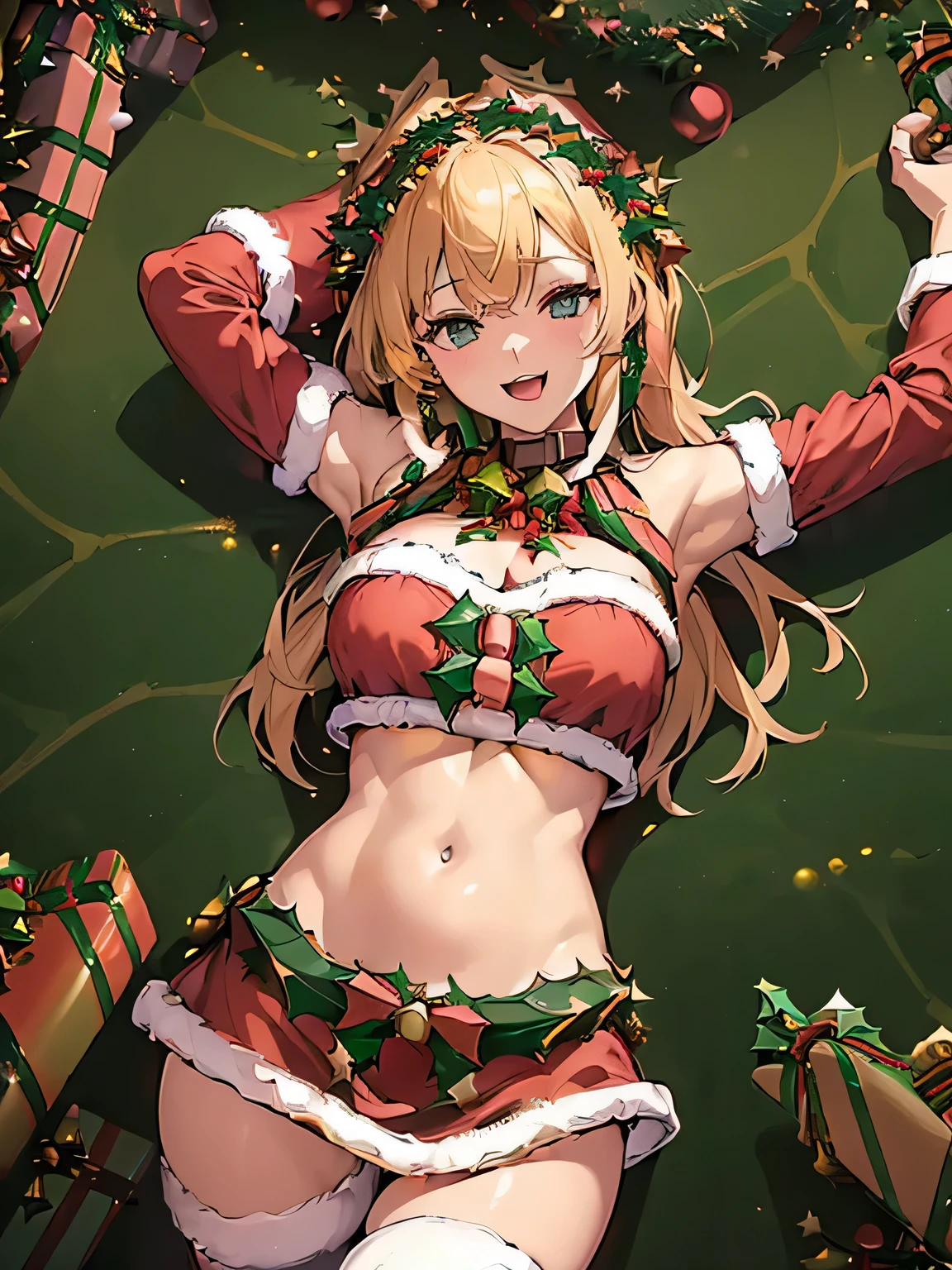 high resolution、super detailed skin、(Xmas costume:1.8)、goldcolor hair、gleaming skin、large breasts、<xml><input>POV</input></xml>、sleeveless、(midriff peek)、(navel:1.5)、(Dark Room:1.5)、(;d)、(zettai ryouiki)、armpit、(Stand:1.5)