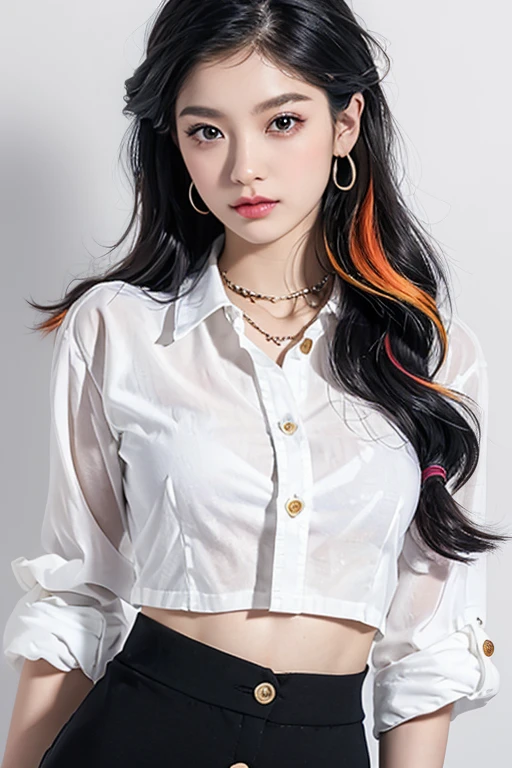 Top quality, RAW Photo, Highest Quality Image, 16K, Full body, Age 22, Realistic, Photorealistic,  Beautiful Asian woman, Sexy, body, White pale skin, ((( Multicolor Hair ))), ((( Short and wavy hairstyle ))), Modern hairstyles, Detailed face, Detailed body, Detailed skin, Double eyelids, Very Big eyes, long eyelashes, bright eyes, green eyes, natural lips, detailed lips, ((( Very Small breasts, Flat Breasts ))), posing in bedroom studio, sunny day light,  ((( wearing White Shirt and black skirt ))),  ((( All Buttons are Unbuttoned ))), no bra, ((( piercings ))), ((( piercing bellybutton with jewelry )))