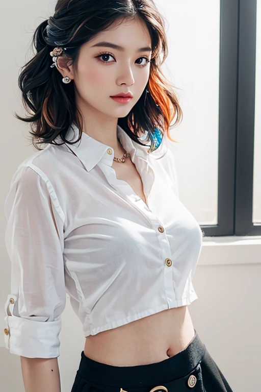 Top quality, RAW Photo, Highest Quality Image, 16K, Full body, Age 22, Realistic, Photorealistic,  Beautiful Asian woman, Sexy, body, White pale skin, ((( Multicolor Hair ))), ((( Short and wavy hairstyle ))), Modern hairstyles, Detailed face, Detailed body, Detailed skin, Double eyelids, Very Big eyes, long eyelashes, bright eyes, green eyes, natural lips, detailed lips, ((( Very Small breasts, Flat Breasts ))), posing in bedroom studio, sunny day light,  ((( wearing White Shirt and black skirt ))),  ((( All Buttons are Unbuttoned ))), no bra, ((( piercings ))), ((( piercing bellybutton with jewelry )))