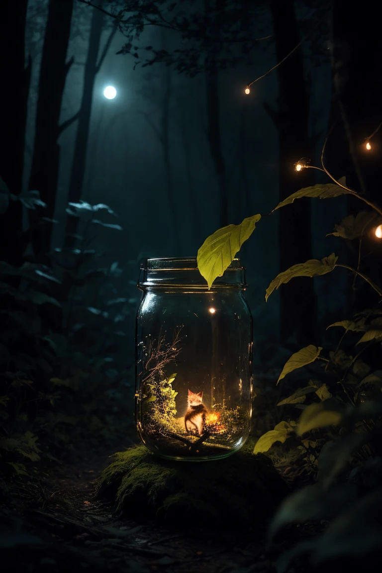 Gloomy enchanted forest at night, cat in mason jar glowing with fantastic fireflies, enchanting otherworldly atmosphere, high definition, 8K, dramatic lighting, fantasy, magical, mystical bokeh, lush foliage, dramatic shadows, cinematic composition, warm tones