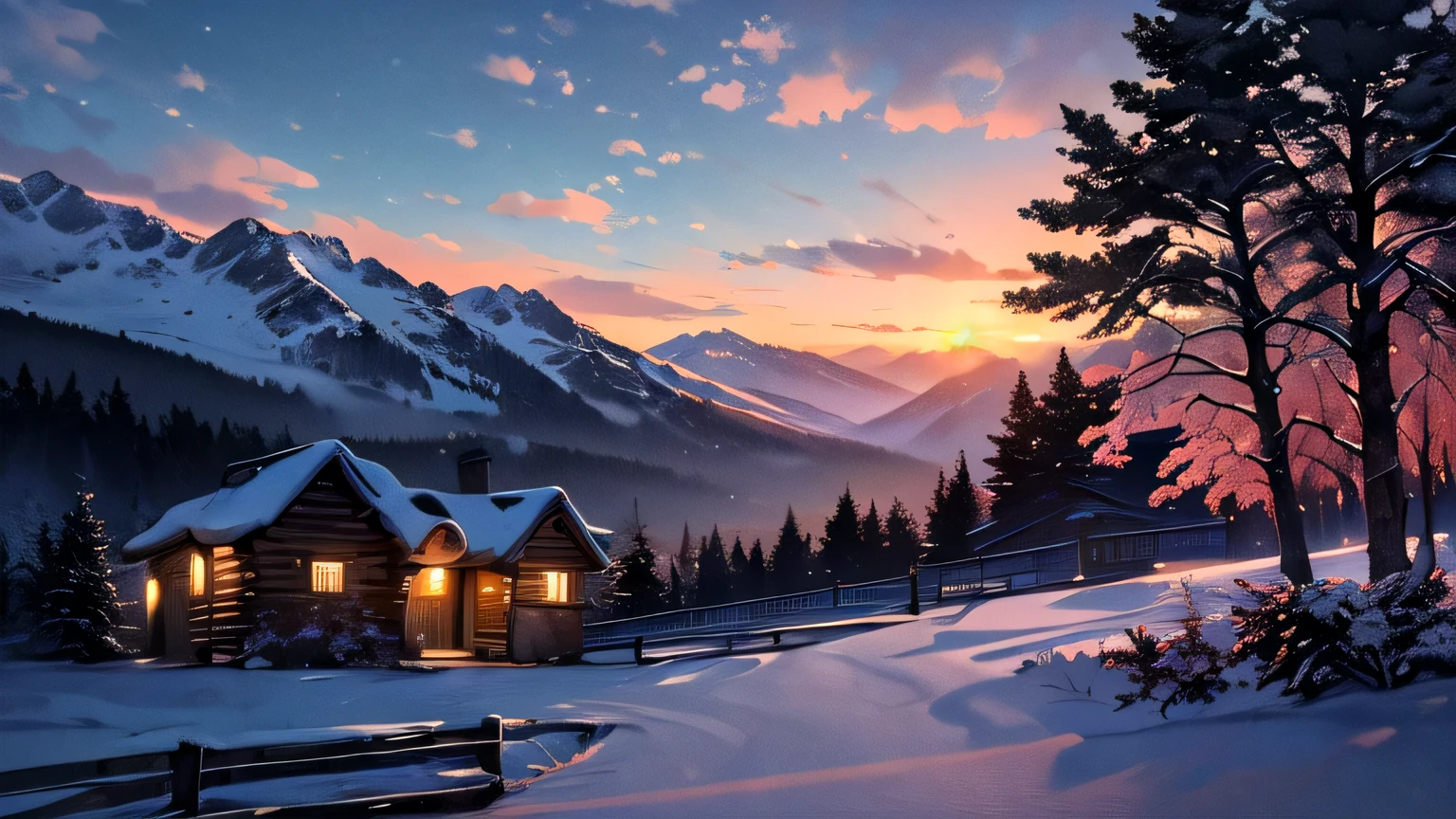 ((masterpiece:1.4,best quality)), cloud,  outdoors
(mountains), spring glade, scenery, sky, winter, (cabin:1.2), tree,
(early morning:1.4),morning red, high detail, abundant, 8k, high detail, wallpaper,