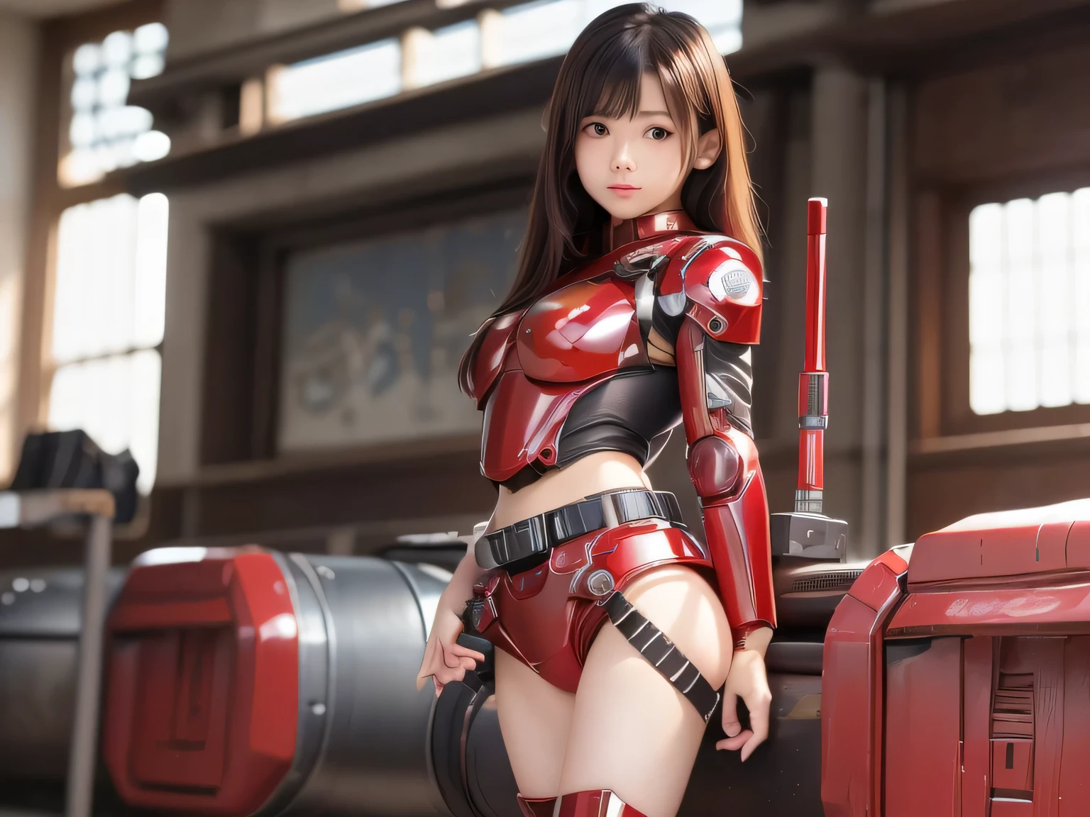 masterpiece, Best Quality, High resolution, Pixel perfect, Depth of written boundary, Beautiful live action anime girl, Beautiful art style, (Detailed face),((One Woman)),(Women only:1.1),(Solo photo:1.3),(Front view:1.5),(Shiny skin),(((Cyborg female )),((Red Mech Cyber Suit))、The whole body is shown