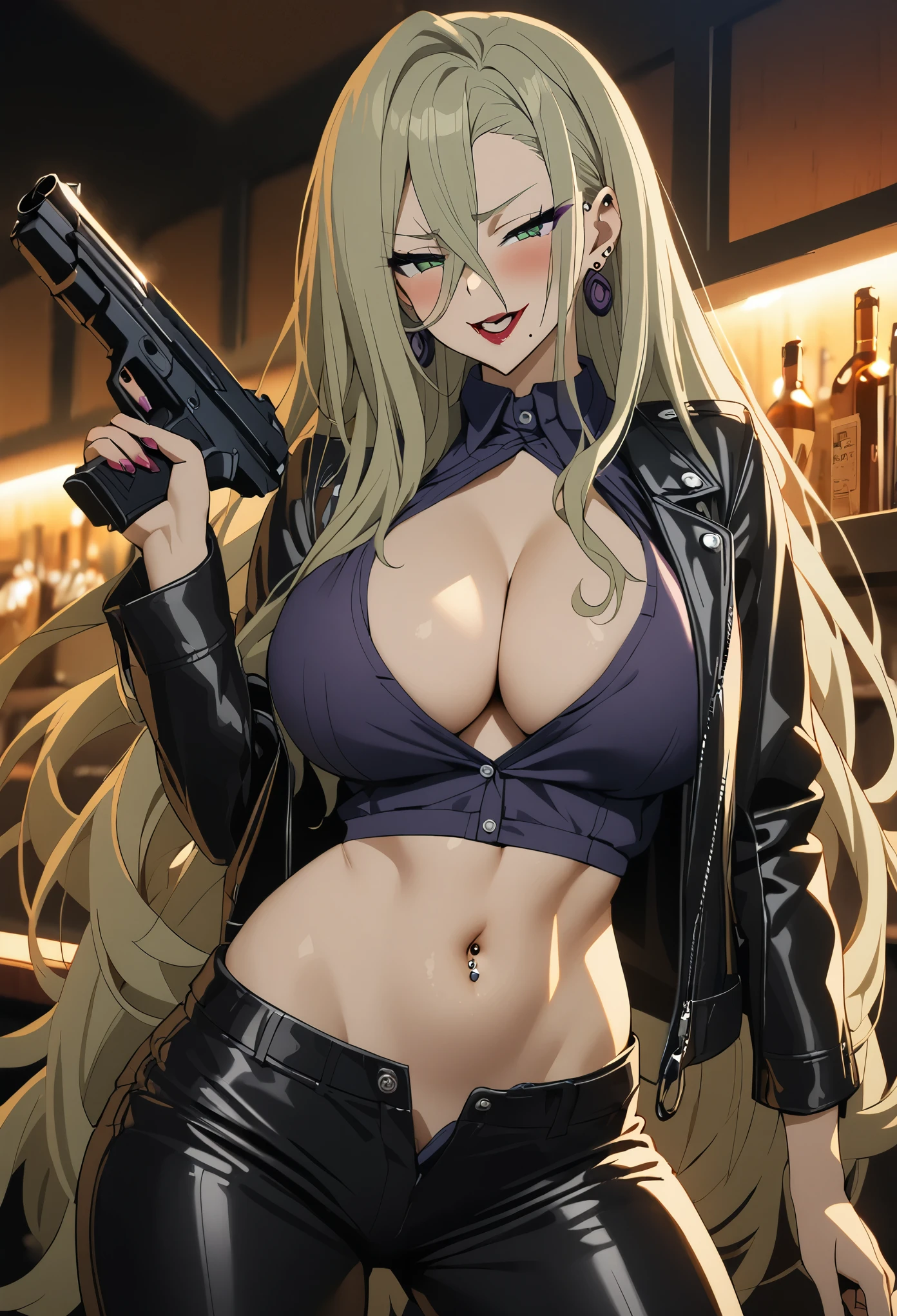 1girl, oriana thomson,  long hair, blush, lipstick, jewelry, earrings,  Hot girl, baddie, mean girl, sensual, attractive, bar background, inside bar, indoor, masterpiece, best quality, highly detailed, a girls with a gun, evil smile , open mouth, sexy gaze, badass
pose , evil smile, smile, (nsfw) not safe for work, guns blazing, anime girl with long hair, beautiful long
haired girl, navel, evil expression, exposed belly, exposed navel, exposed midriff, exposed lower belly,
long black pants, crop top, cleavage, unbuttoned leather pants ,open fly, low rise black leather pants,
leather jacket, holding a gun, holding pistol, navel piercing