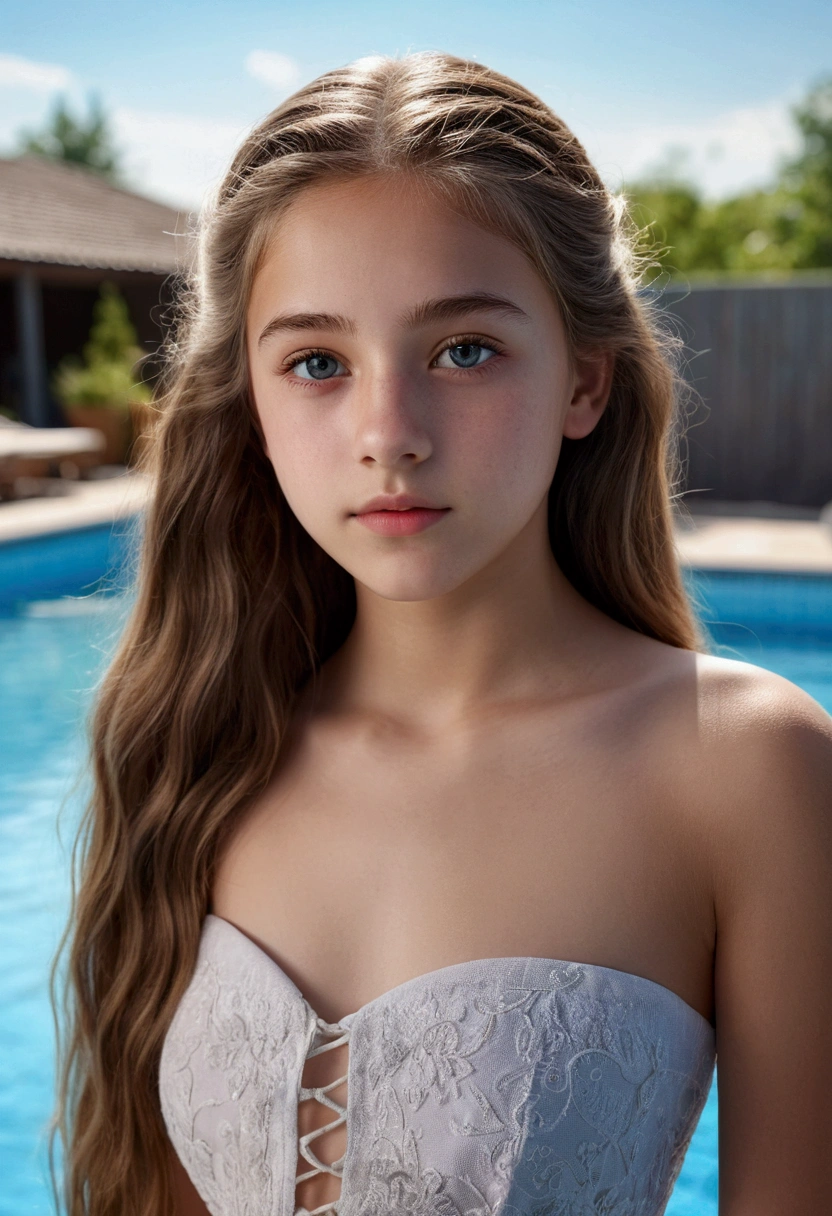 full body image of fifteen year old girl, beautiful detailed eyes, extremely detailed face and features, long eyelashes, long flowing hair, toppless, outdoor pool scene, natural lighting, cinematic composition, highly detailed, photorealistic, 8k , work of art