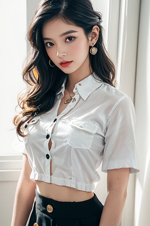 Top quality, RAW Photo, Highest Quality Image, 16K, Full body, Age 22, Realistic, Photorealistic,  Beautiful Asian woman, Sexy, body, White pale skin, ((( Multicolor Hair ))), ((( Short and wavy hairstyle ))), Modern hairstyles, Detailed face, Detailed body, Detailed skin, Double eyelids, Very Big eyes, long eyelashes, bright eyes, green eyes, natural lips, detailed lips, ((( Very Small breasts, Flat Breasts ))), posing in bedroom studio, sunny day light,  ((( wearing White Shirt and black skirt ))),  ((( All Buttons are Unbuttoned ))), no bra, ((( piercings ))), ((( piercing bellybutton with jewelry )))