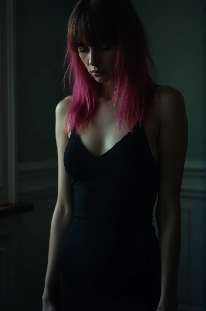 high quality, 8K Ultra HD, hyper-realistic portrait of a captivating woman, short pink hair, The woman is portrayed in a full bright setting, her features bathed in a soft, diffused glow that accentuates the delicate nuances of her expression. The scene features a female, leaning against a wall with her arms raised, eyes closed in a moment of raw emotion. Her attire is minimal, accentuating the curves of her body and the dramatic shadows cast by the lighting. The background is stark, with sharp contrasts highlighting the contours of her form. The blue and black palette intensifies the mood, evoking a sense of mystery and allure. Subtle film grain and meticulous shading add depth and texture, emphasizing the emotional gravity of the scene. The lighting creates a chiaroscuro effect, accentuating her expressive pose and the intense atmosphere, 1girl, upper body, Scandinavia girl, detailed cute smilling face, cute eyes, detailed pure red lips, highly detailed waist medium red wavy wet hair,pain moan