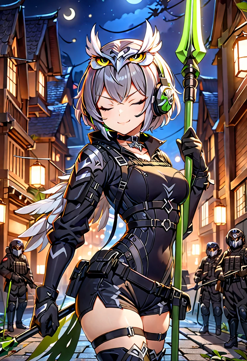 8K Ultra High-Quality, ultra-detailed, High quality, Grey hair, short hair, closed eyes, Headset, mask, owl feathers headpiece, Black Tactical clothes, black gloves, Military clothes, black bodysuit, black shorts, body harness, holding a spear, smug, Looking at viewer, choker, full body, side view, night time