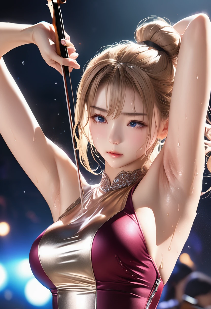 ((masterpiece)), 4k, beautiful (((Japanese cute idle))), ((best quality)), professional lighting, highres, 35 mm lens, f 1/1.4, 18 years old, blonde streaked braid hair, round face, short neck,(1girl:1.6), supergirl, (looking at viewer), (detailed face:1.2), full body, (red sparkly plunk lips:1.1), realistic painting, intricate, (realistic eye:0.9), (realistic painting:0.9), beautiful shine blue eyes, (flat chest:0.8), ((small breasts)), smile, embarrassed, very strong morning direct light, clean nasal bridge, frozen, soft tits, (sparkly red bikini with loose front opening:1.1), (bound and crucified with mass of chains made of crystal:1.3), (erotic:0.9), raise one arm, armpit, golden bracelets, red boots, (many small fine ice crystals:1.1), (wonder woman:0.6), ribs are faintly visible, (much water dancing in the air:1.3), bathing, indoor, in pool, (shiny skin:1.2)