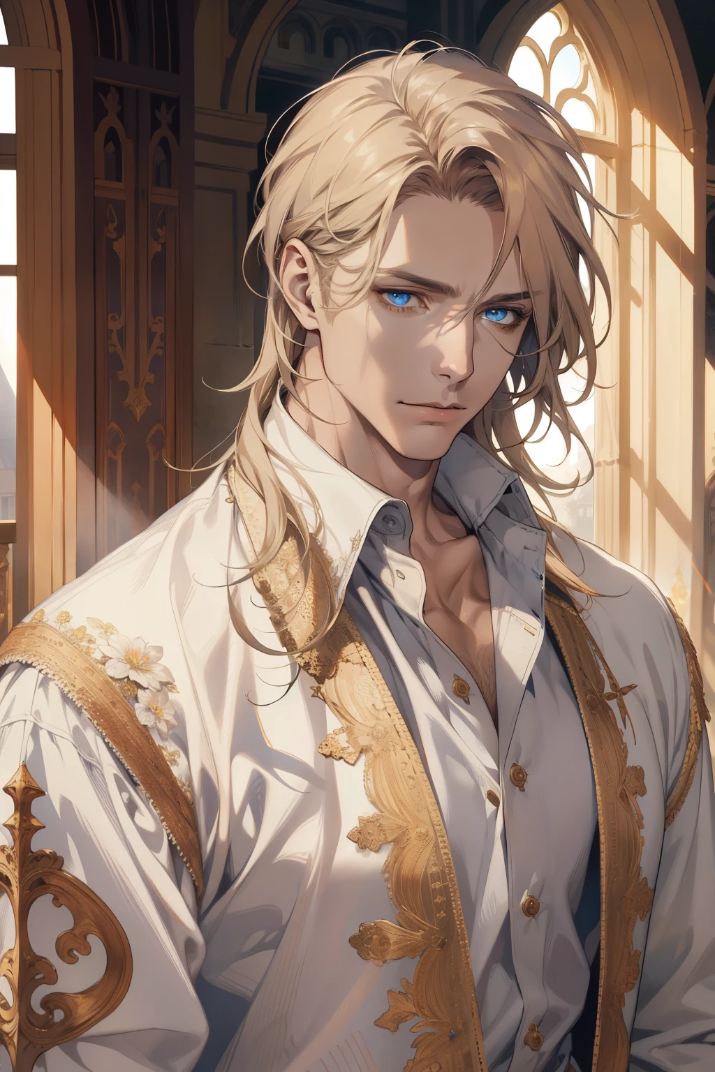 man, masculine, attractive, muscular, ((1man)), masterpiece, absurdres, best quality ,intricate details , (shiny skin, shiny body, shiny oily luster skin, shiny hair, pale skintone), old castle, Sundown, attractive, ((muscular)), adult, one, tattoo ,white blouse, earrings, brown pants, Don't look at the view , Not looking at the view, blonde very long hair, perfect detailed face, perfect detailed hands