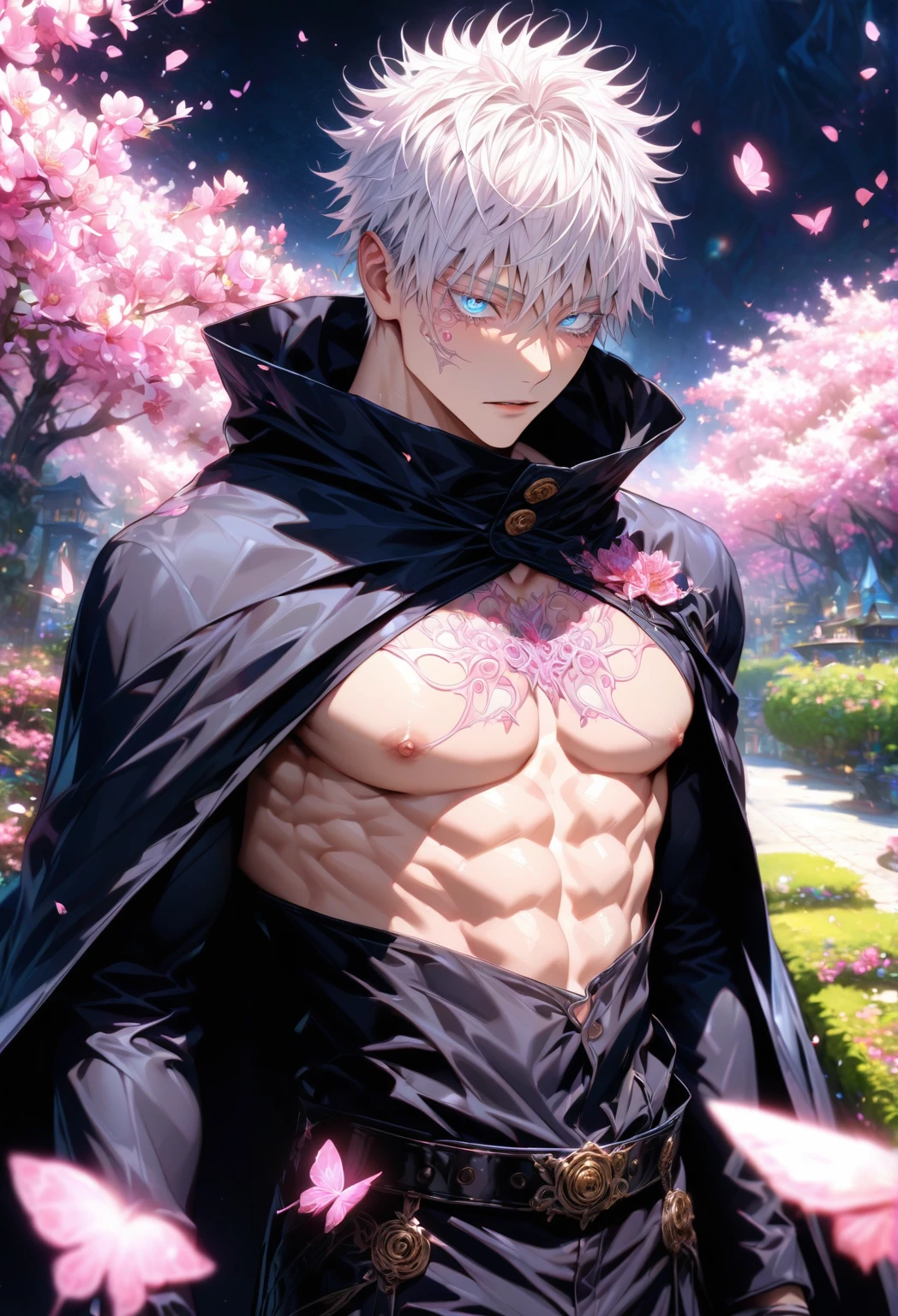 absurdres, highres, ultra detailed, HDR, master piece, best quality, extremely detailed face and eyes, Gojo Satoru, white hair with bangs, hair between the eyes, expressive blue eyes, white eyelashes, Jujutsu Kaisen, solo, sexy man, toned chest, handsome, black cape, black clothes, pink flowers, park, cherry blossom, fountain