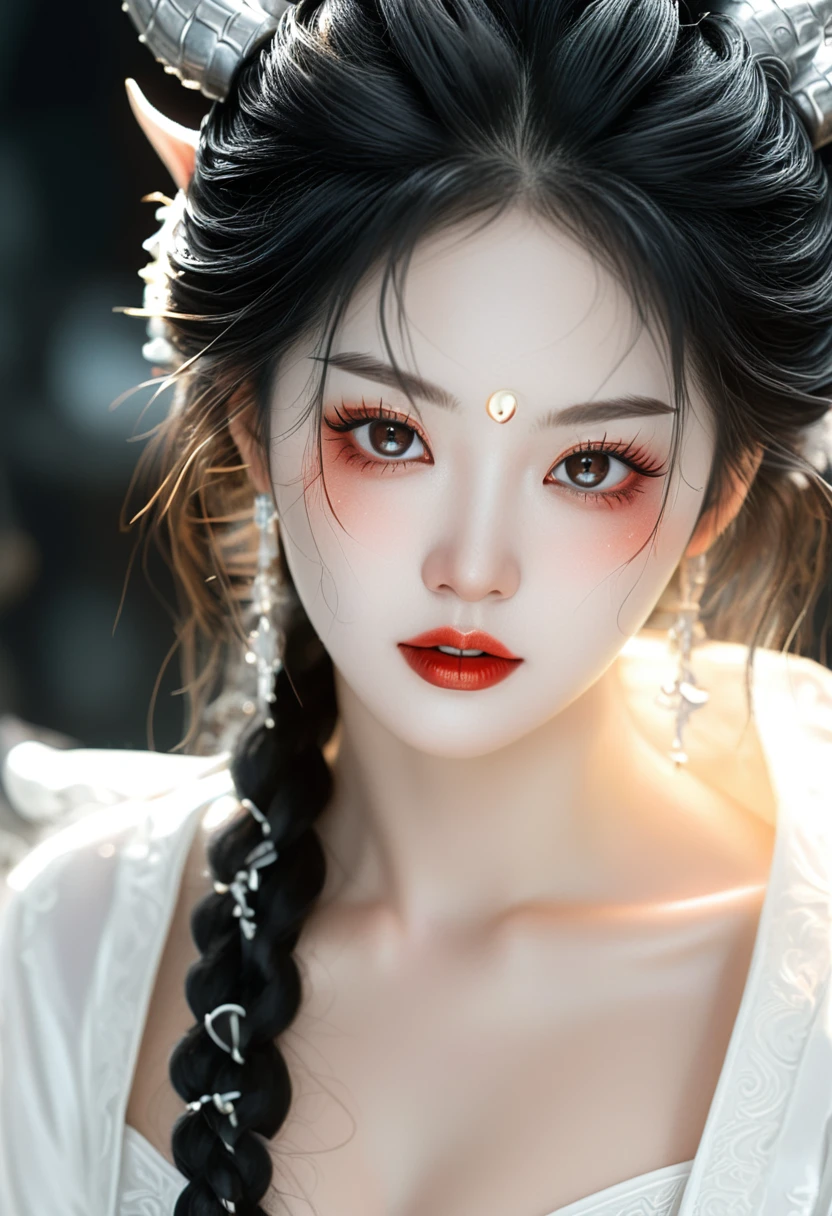 Photographic style，Photography，Ultra-clear details，Chinese Beauty，Snow-white skin，White skin hell demon、Black Scale Yukai、Hell scenes in Chinese legends、Extremely terrifying、张艺谋 in the mood of；s style，The image is bright，Line drawing CG artwork is extremely detailed，See the devil clearly，Devil face，Delicate face，There are open and clenched fist states，<xml><input>Light and shadow effects</input></xml>，Beautiful and dynamic poses，Detailed rendering，Colorful scenes，full of depth，Vibrant lighting effects，Outlines a magnificent and mysterious atmosphere