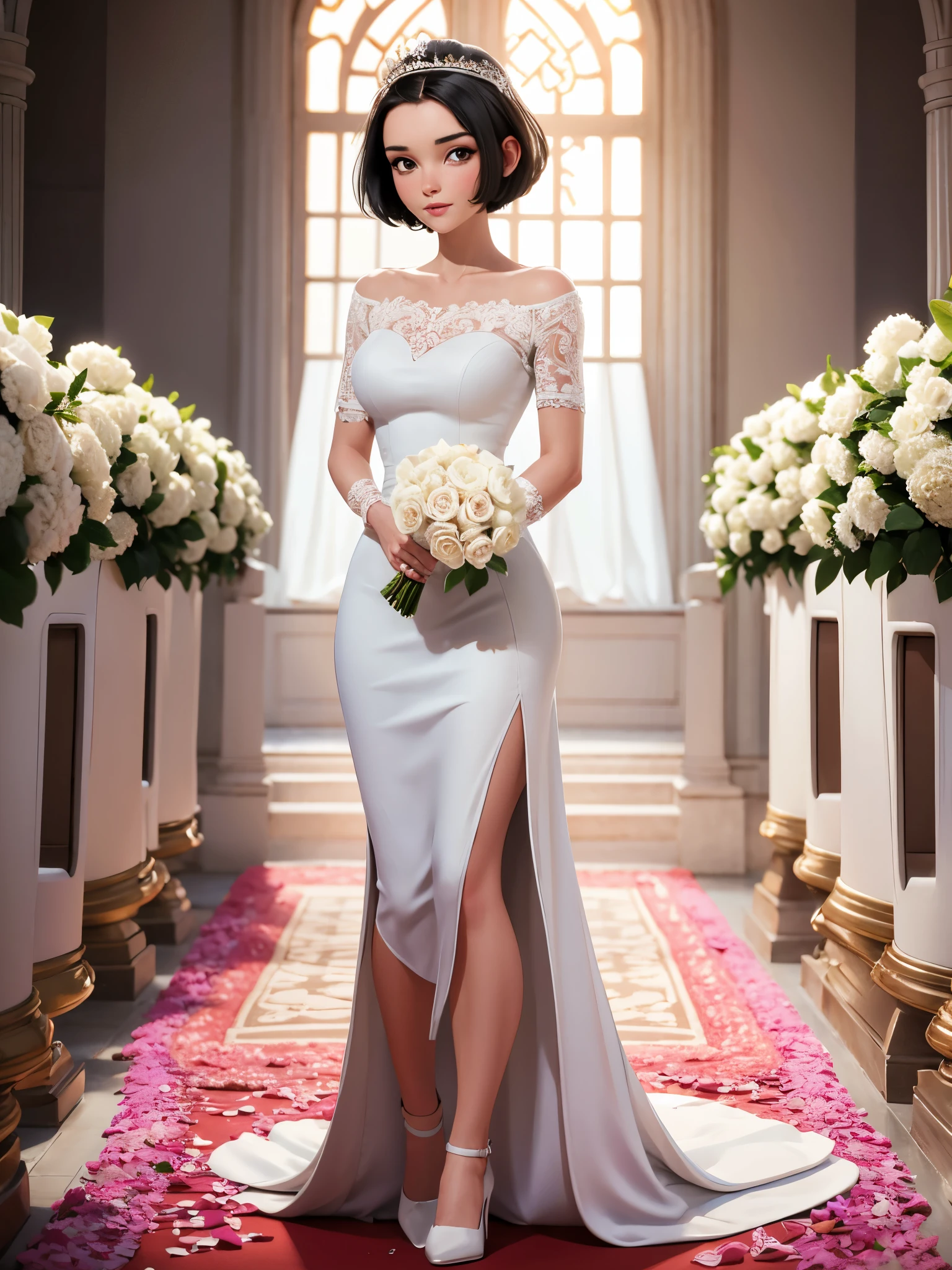 ((solo)), alone, bride, wearing a white wedding dress, queen, happy, ((forehead to show)), standing, entering the church, black hair, short hair, delicate, young, short hair, detailed face, high definition, ((full body)), (flowers around her), full body, she is a beautiful woman getting married, face with high quality, beautiful, radiant, jenya.d