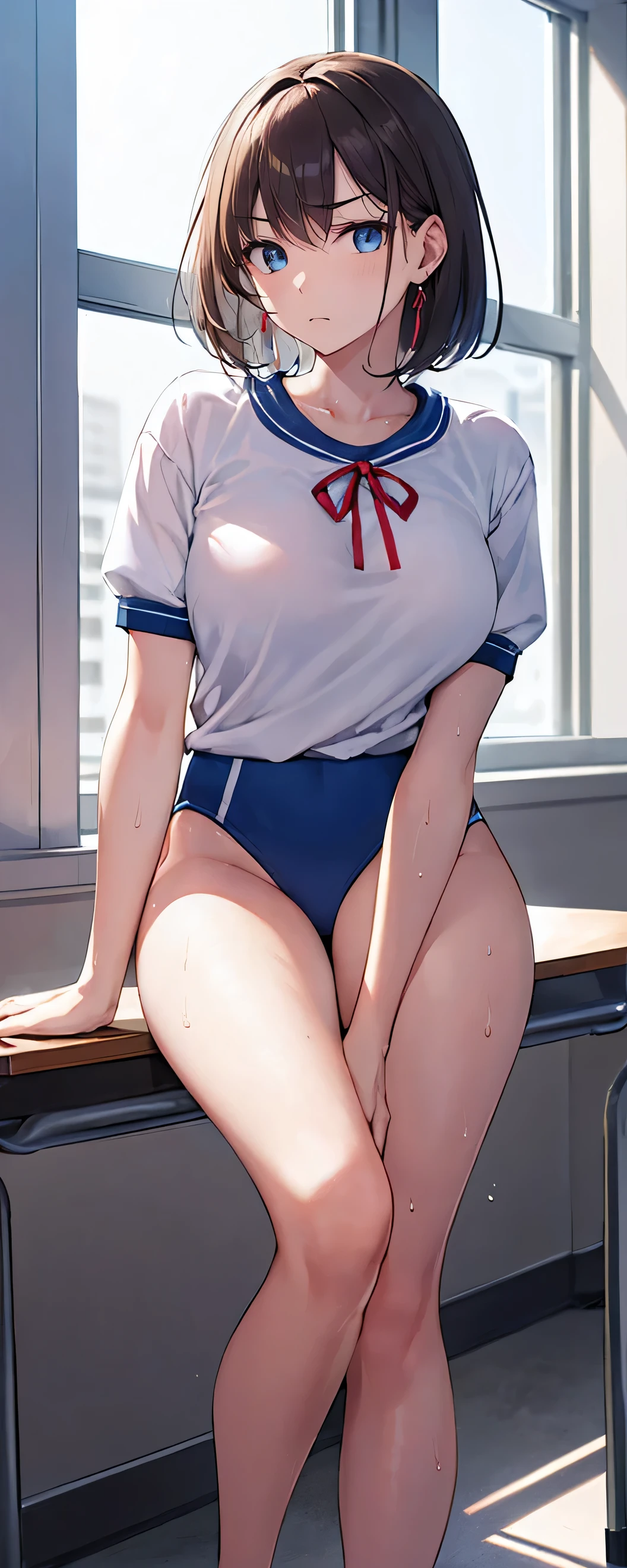 Realistic, Masterpiece, best Quality, perfect anatomy, (Detailed Eyes), One High School Girl, Navy blue school uniform, Huge breast, Sweat, ponytail, earrings,  pelvis curtain, (wide hips), shy smile, embarrassed, standing split, leg up,leg lift,standing on one leg, Short skirts, White panties, Exposed panties, Classroom