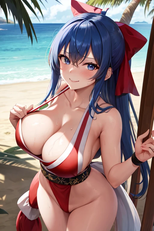 masterpiece, best quality, beautiful art, high resolution, well formed hands, body and fingers, 1 woman, solo, long blue  hair, blue eyes, blue makeup, blue lipstick,adult, grown up,  cosplaying as Mai Shiranui , mai_shiranui_cosplay, adult, blue sexy Japanese clothes, large and big breasted, cleavage, full body picture, hair ribbon, holding fans on her hands, gorgeous legs and, thighs, sexy Japanese clothes, hair ornament , sexy and bare legs , hips and thighs, panties peek, dancing seductively and erotically, turning backwards and forwards, showing her back and front, shaking her body alluringly, red t back thong, smiling joyfully, sweating ,looking at the viewer, bouncing breasts, sweating, flirting, biting her lips, beach environment dancing seductively and erotically, twirling around, , shaking her body alluringly, smiling joyfully, looking at the viewer, sweating , flirting, beach environment 