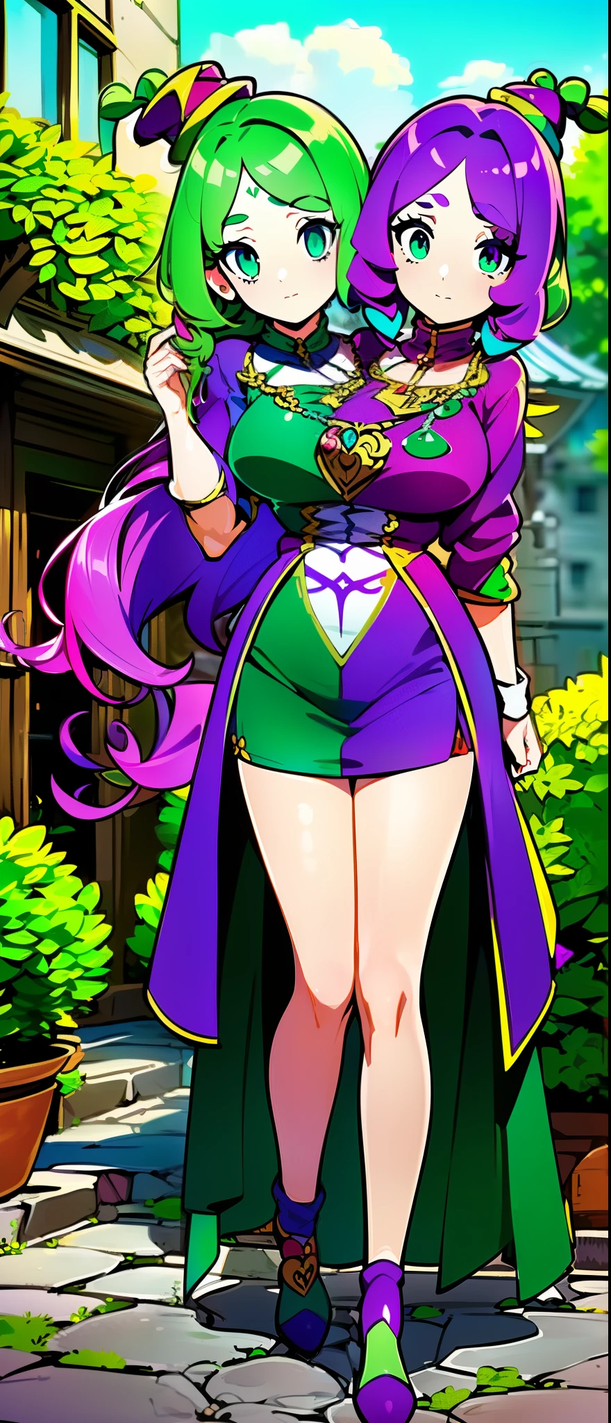 ((best quality), (high quality), (detailed), (masterpiece), 16k, ((2heads:1.5)), 1girl, (green hair), (purple hair), ((different hair colors:1.5)), ((two headed girl with beautiful detailed eyes)), (detailed hairstyles), ((medieval jester outfit)), green and purple jester outfit, jester hat, strong and confident expressions, beautiful symmetric body and face, kindergarten background, full body