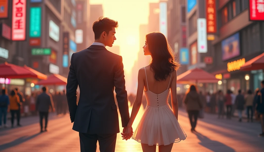 (((a boy and a beautiful girl in their twenties))),(in city), in love, romance, (Everyone Smiling), (Dreamland), (Beautiful Sky),(Gentle Wind),(More Greenery),(Less People: 0.8),(((back shot)))