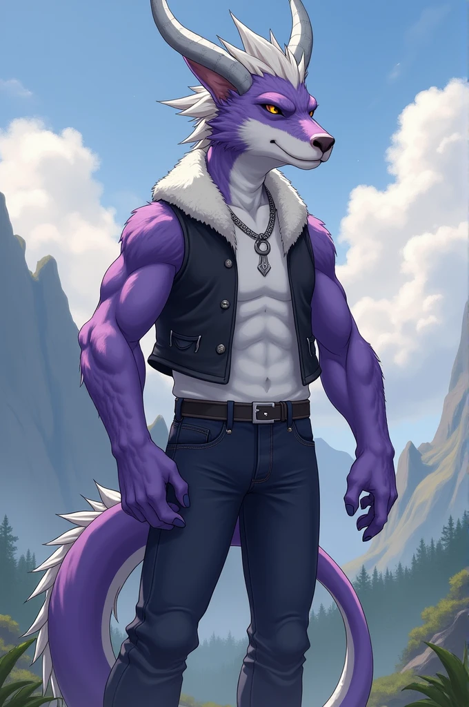 garurumon,Digimon,male,Adults,Solitary,4K,Best quality,HD,Looking at the audience,muscular,Hairy body,Fluffy tail,Topless,Bare chest,Hairy chest,Chest muscles,Pink nipples, Six-pack abs, Biceps,Anatomically correct,Delicate fur,pride,Soft shadows,Majestic,Detailed face, HD的眼睛,Golden Eyes,Black pupil,Sharp eyes,Grandiose,brave,,Confident smile,Strong,Mature,,black leather shorts,harness,,Confident smile,Blue sky and white clouds,The sun shines,grassland,grassland