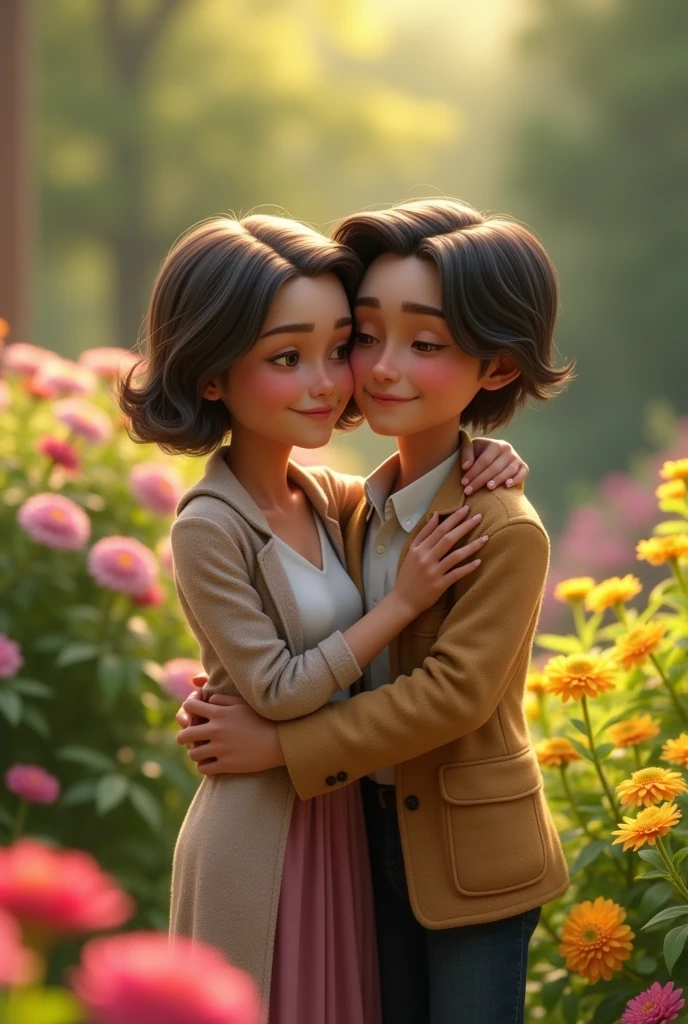 (mature woman, sexy pose, short feminine son, cute couple), (oil painting, highres), (vibrant colors, soft lighting), (beautiful detailed eyes, beautiful detailed lips), (tightly embraced, affectionate), (lovely background, flowers, sunshine), (wholesome, heartwarming scene), (limited edition print), (motherly love, parental bond).